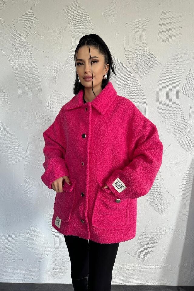 Etiketli Pile Detaylı Pelüş Ceket - FUŞYA