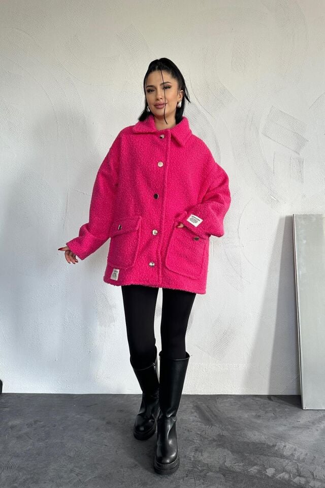 Etiketli Pile Detaylı Pelüş Ceket - FUŞYA