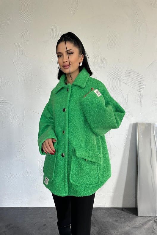 Etiketli Pile Detaylı Pelüş Ceket - YEŞİL