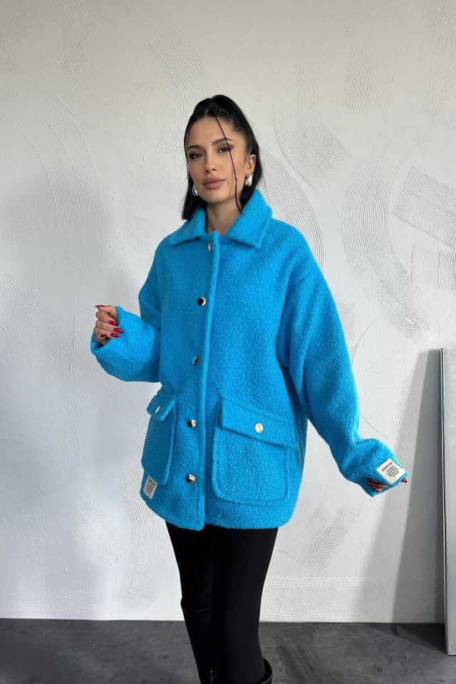 Etiketli Pile Detaylı Pelüş Ceket - MAVİ