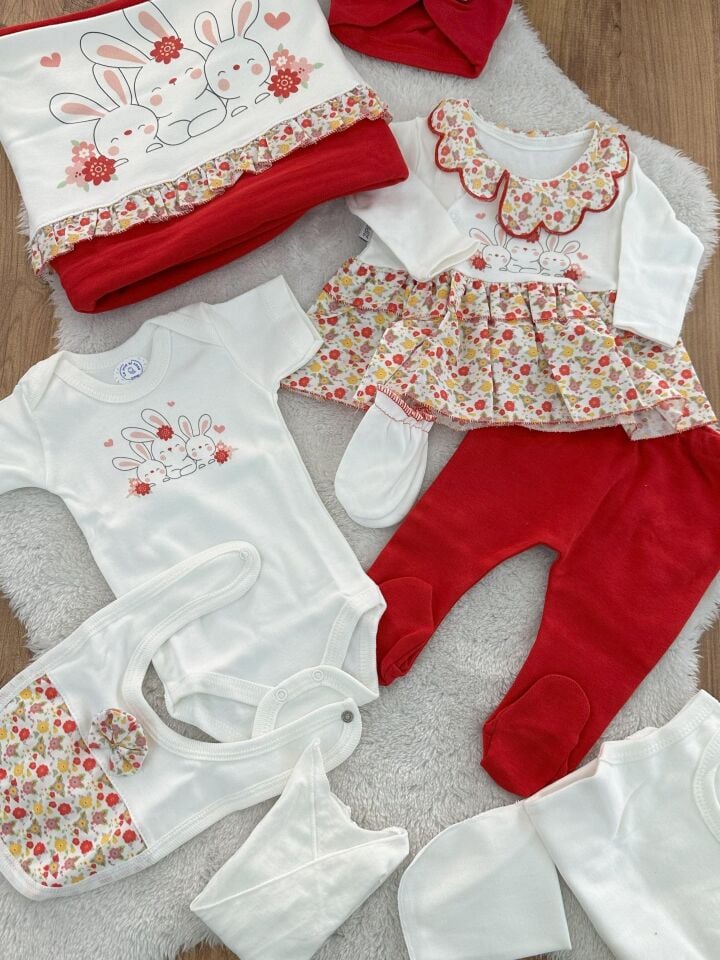 Çiçekli Tavşan Fırfırlı Yenidoğan Kız Bebek 10lu Zıbın Set Hastane Çıkışı