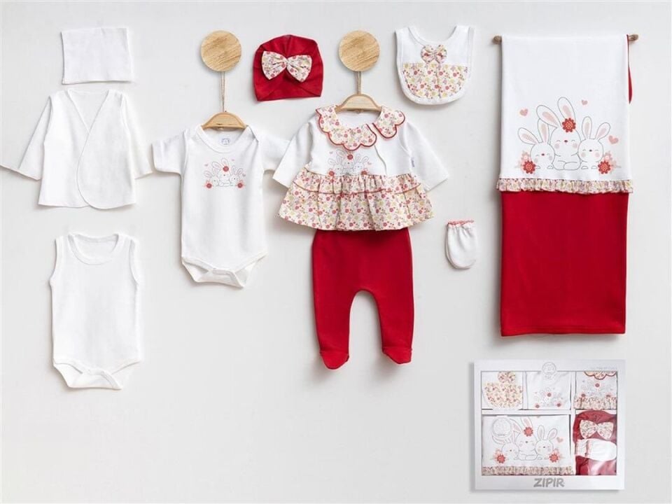 Çiçekli Tavşan Fırfırlı Yenidoğan Kız Bebek 10lu Zıbın Set Hastane Çıkışı