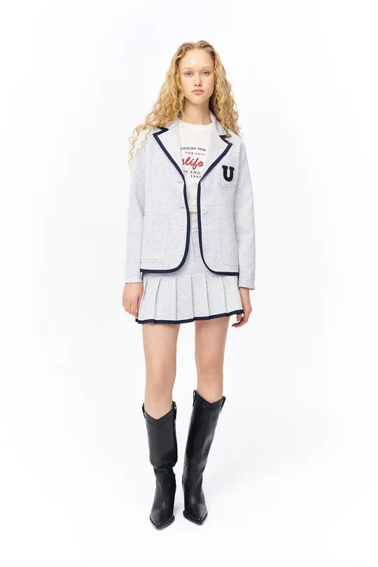 Biye Detaylı Nakışlı Blazer Ceket & Mini Takım - Gri