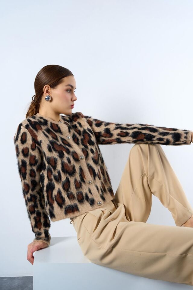 Şardonlu Leopar Desen Hırka - Bej-Siyah