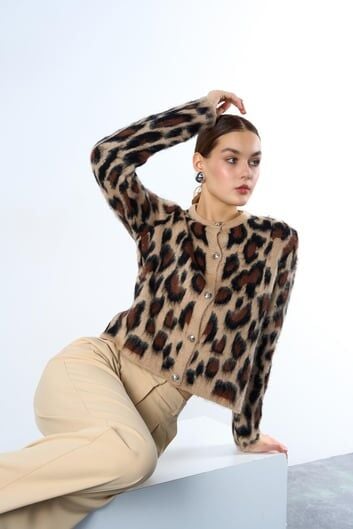 Şardonlu Leopar Desen Hırka - Bej-Siyah