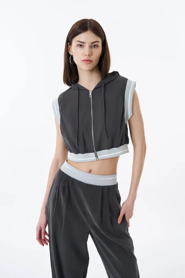 Beli Ribanalı Palazzo Pantolon, Kapüşonlu Fermuarlı Kolsuz Yelek Ceket Antrasit