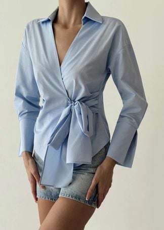 Bağlama Detaylı Kruvaze Bluz - MAVİ