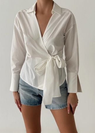 Bağlama Detaylı Kruvaze Bluz - BEYAZ