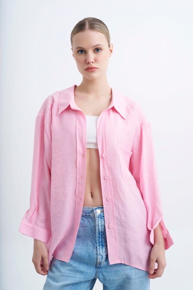 DÜŞÜK OMUZLU OVERSIZE GÖMLEK - PEMBE