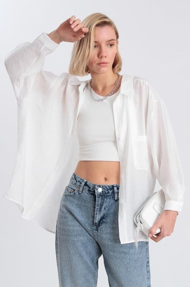 DÜŞÜK OMUZLU OVERSIZE GÖMLEK - BEYAZ