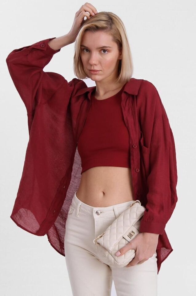 DÜŞÜK OMUZLU OVERSIZE GÖMLEK - BORDO